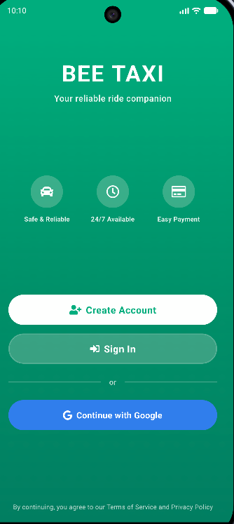 BEE TAXI welcome screen